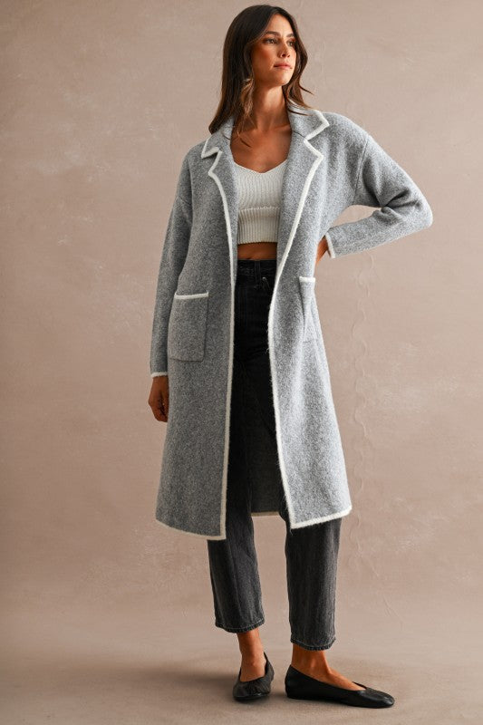 Heather Grey Lapel Collar Cardigan with Contrast Trim
