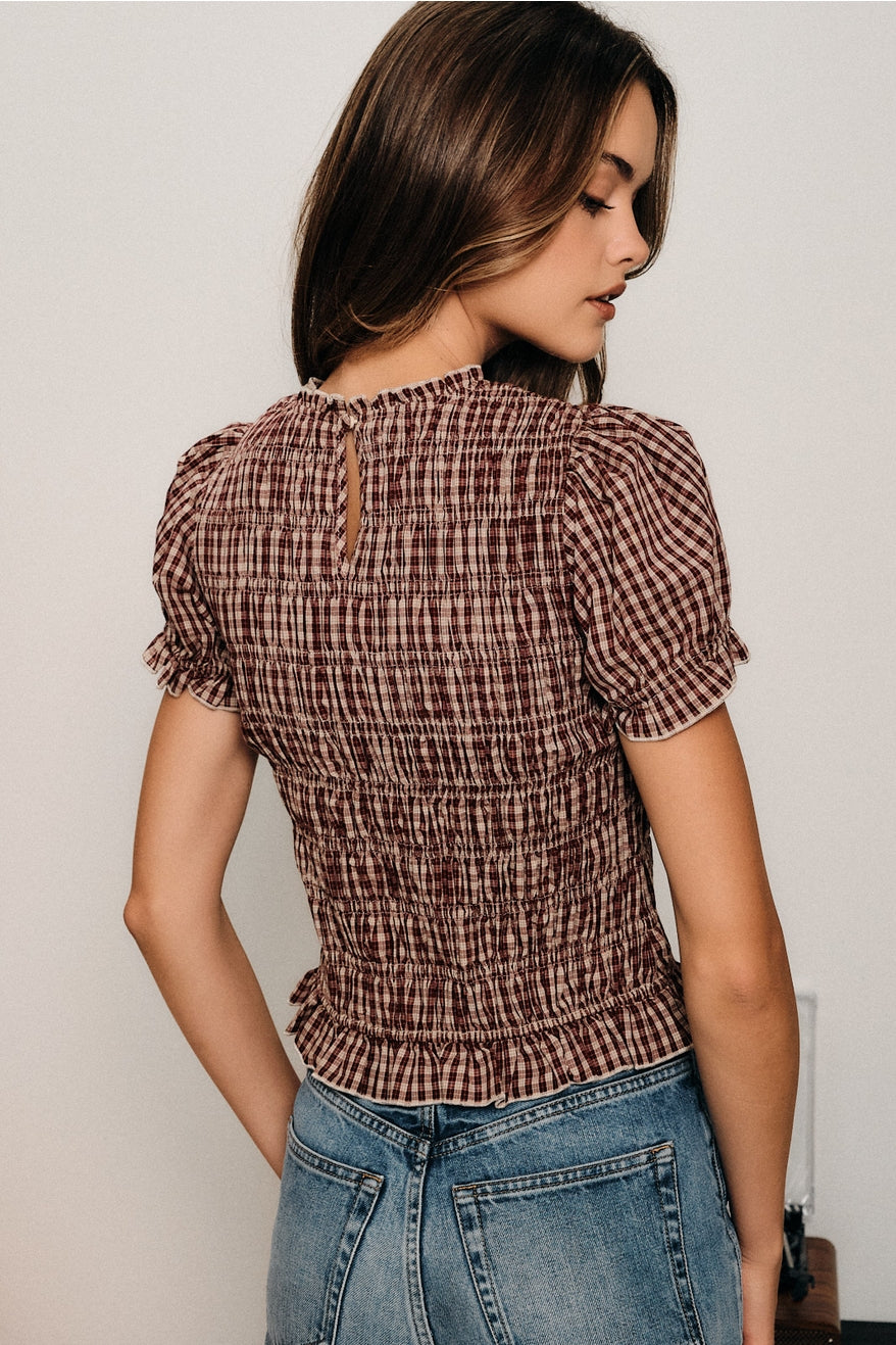 Smocked Plaid Puff Short Sleeve Ruffle Top