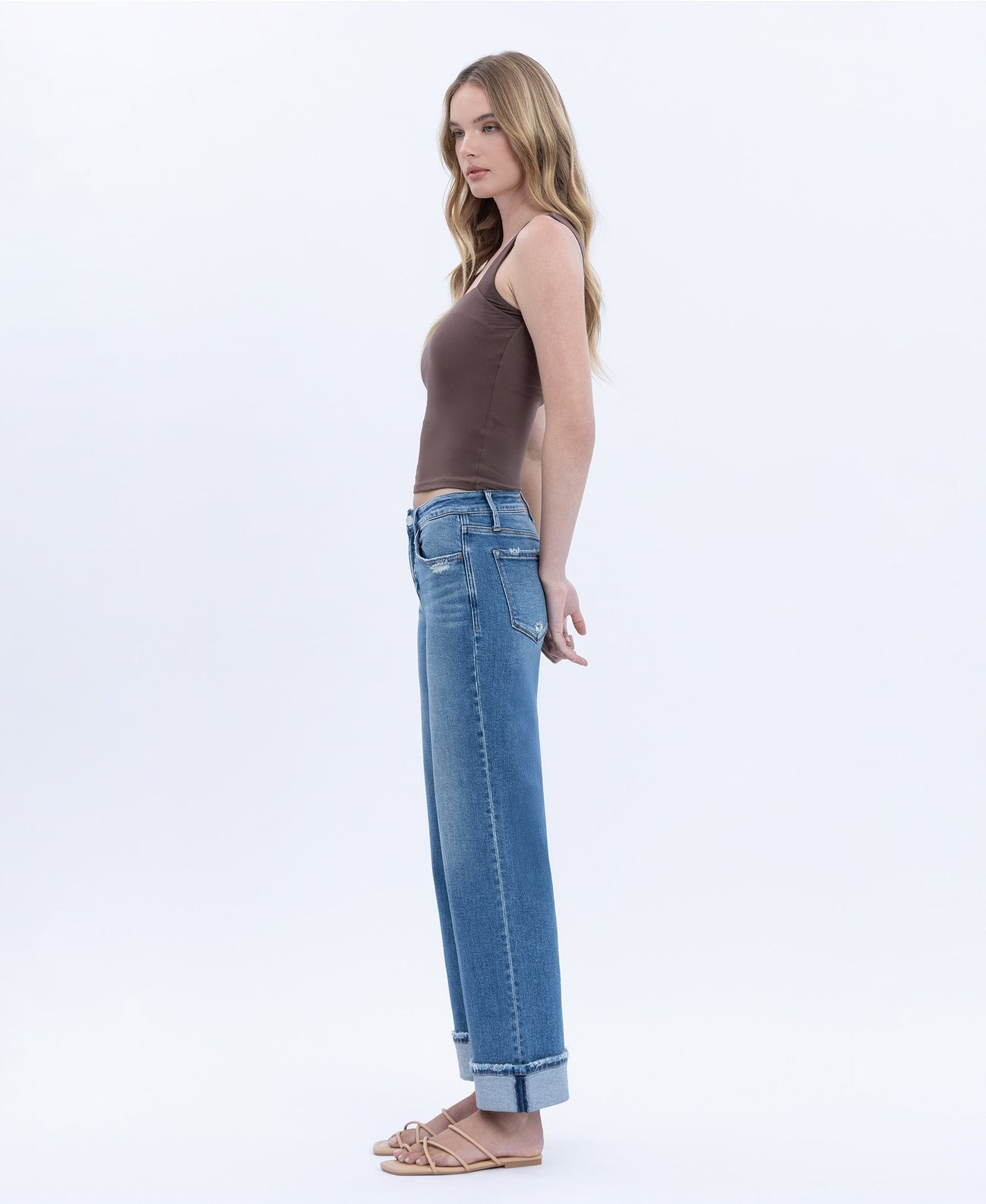 Mid Rise Ankle Cuffed Slim Wide