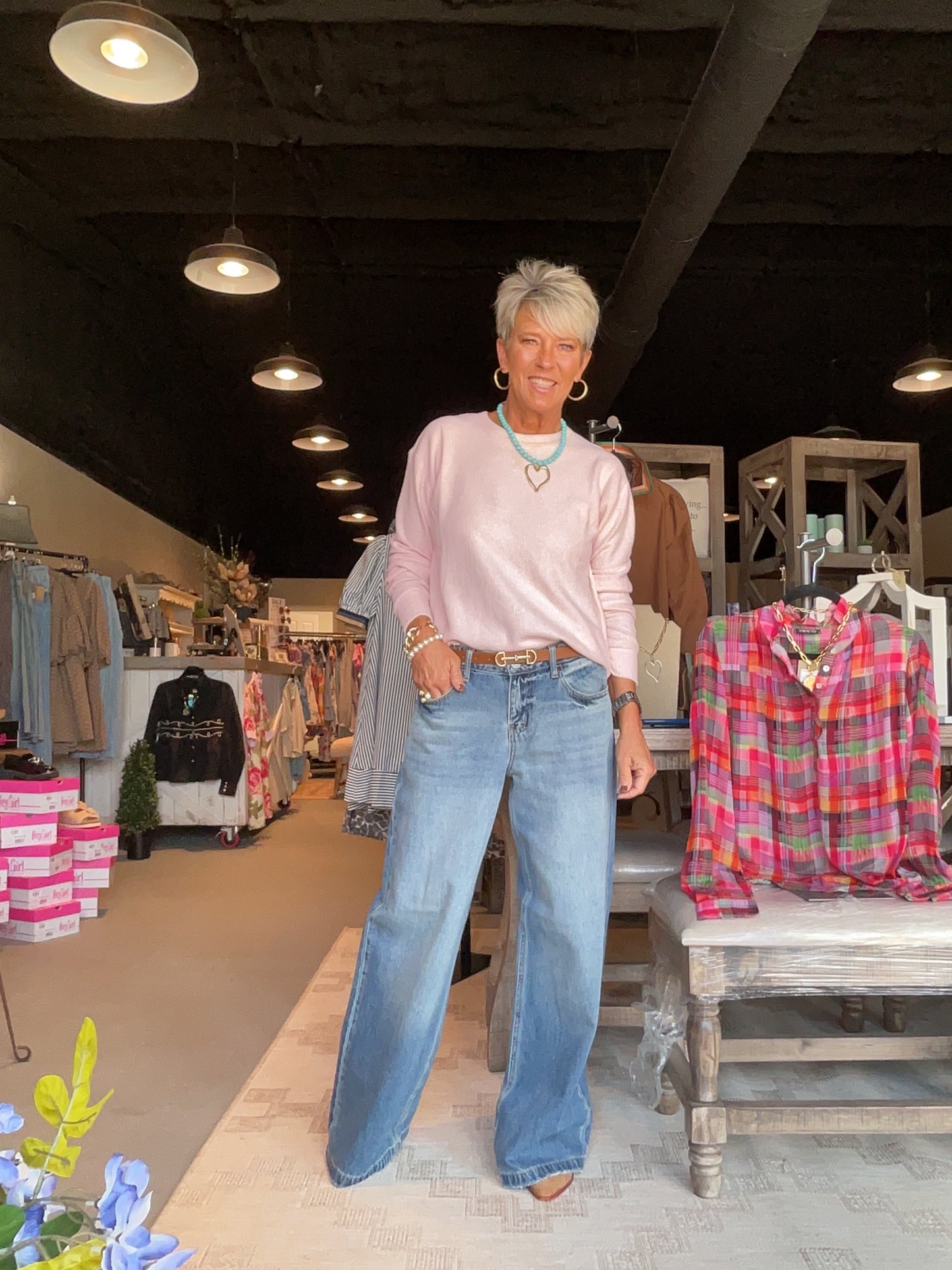 Brushed Waffle Crewneck Top in Pink Frost