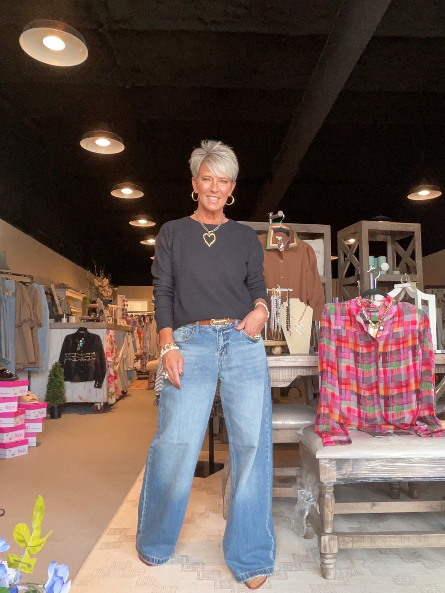 Brushed Waffle Crewneck Top in Black