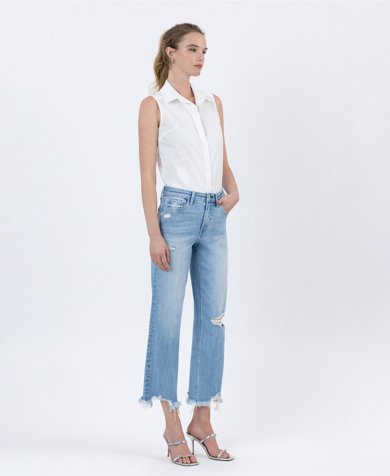 High Rise Distressed Crop Slim Wide Jeans