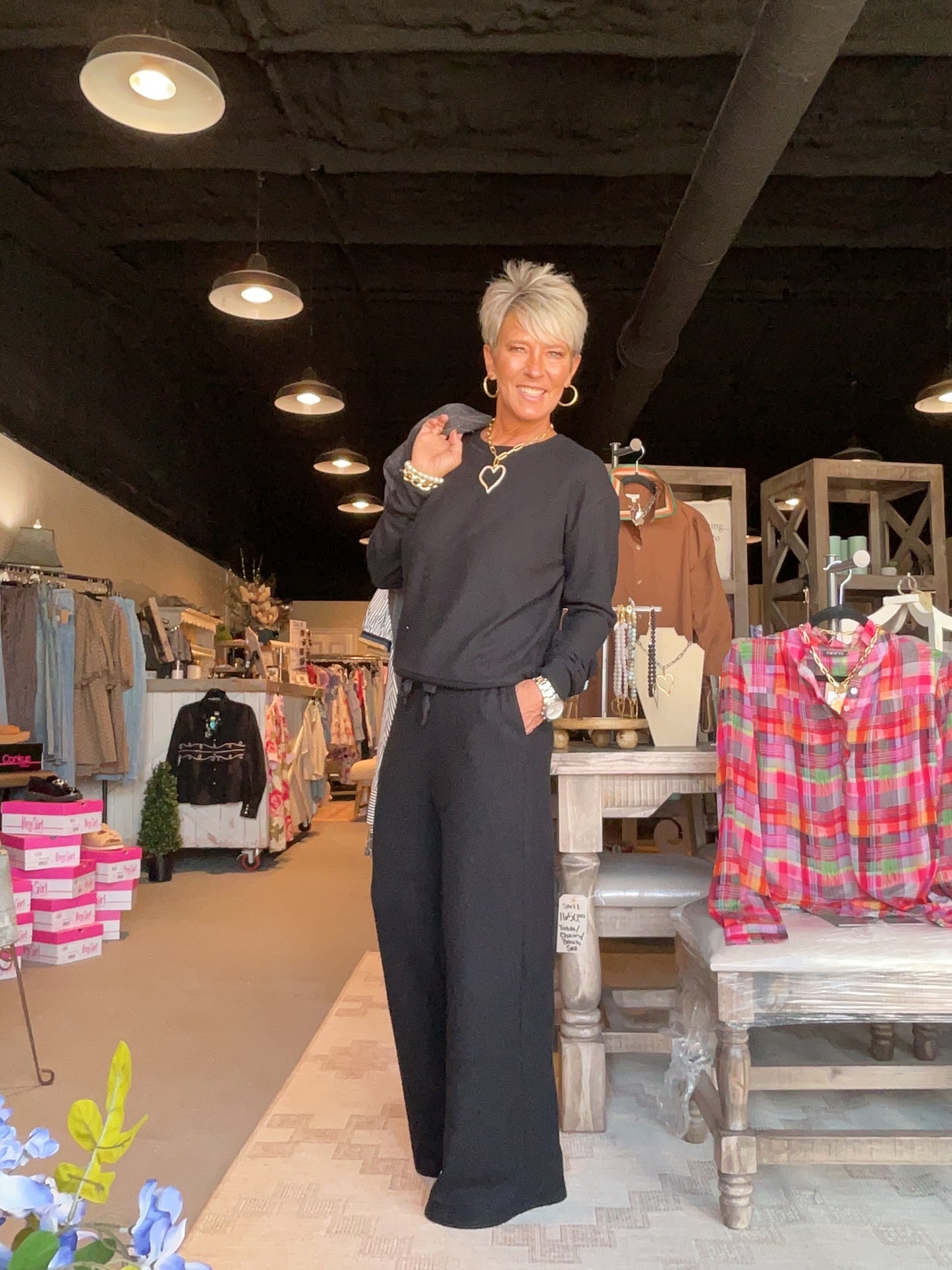 Brushed Waffle Crewneck Top in Black