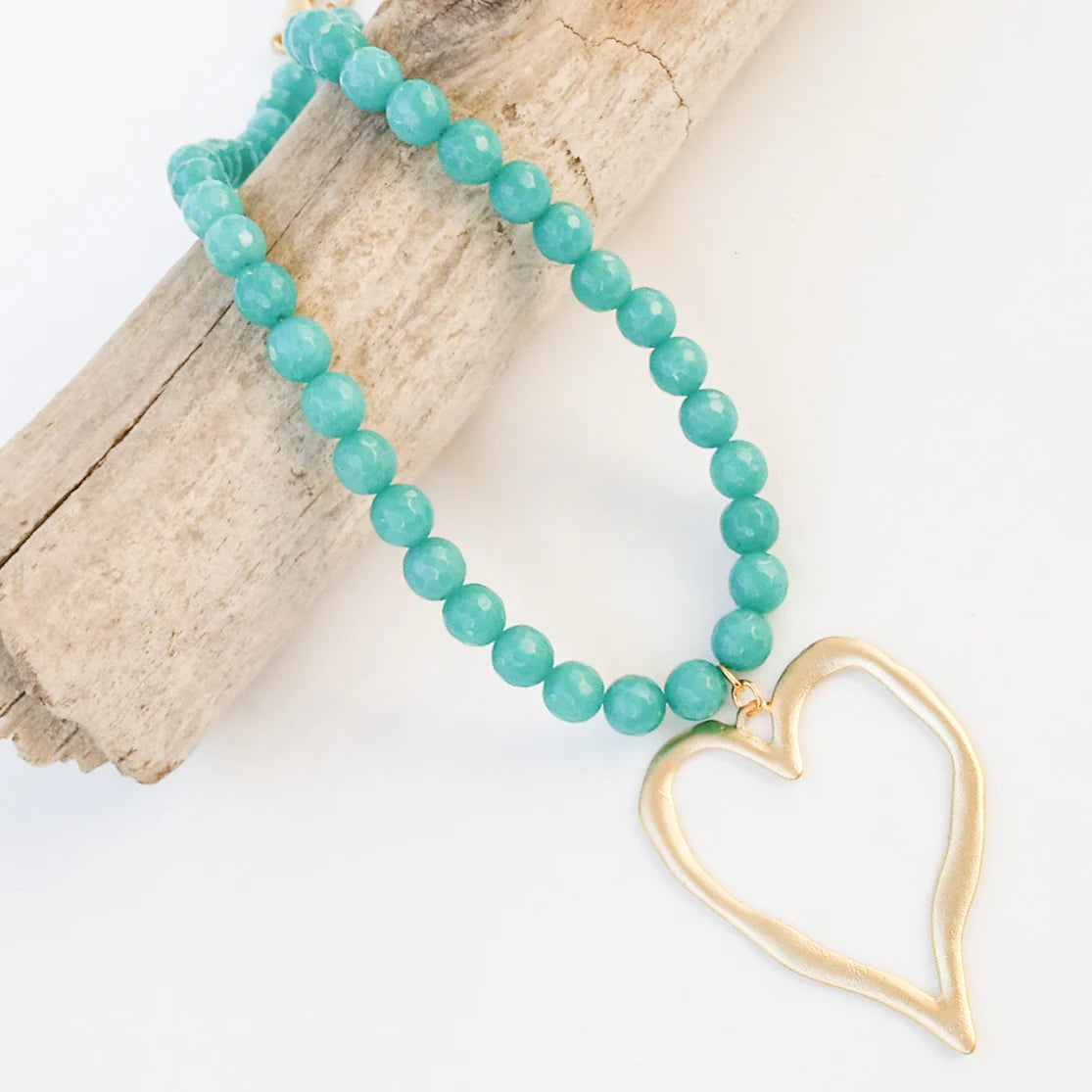 Aqua Jade Gemstone Necklace with XL Gold Heart