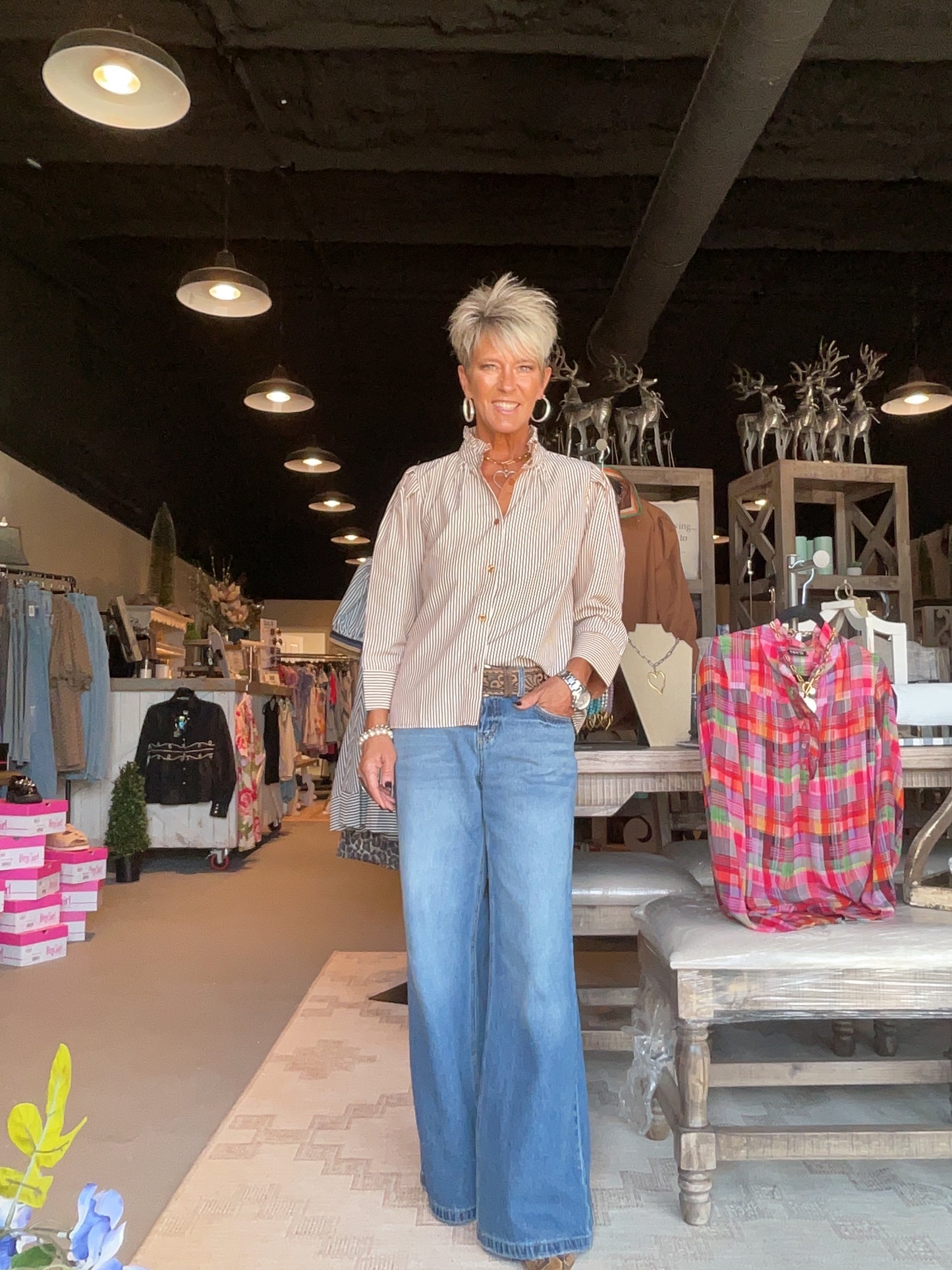 Mocha Striped Top with Three Quarter Sleeve
