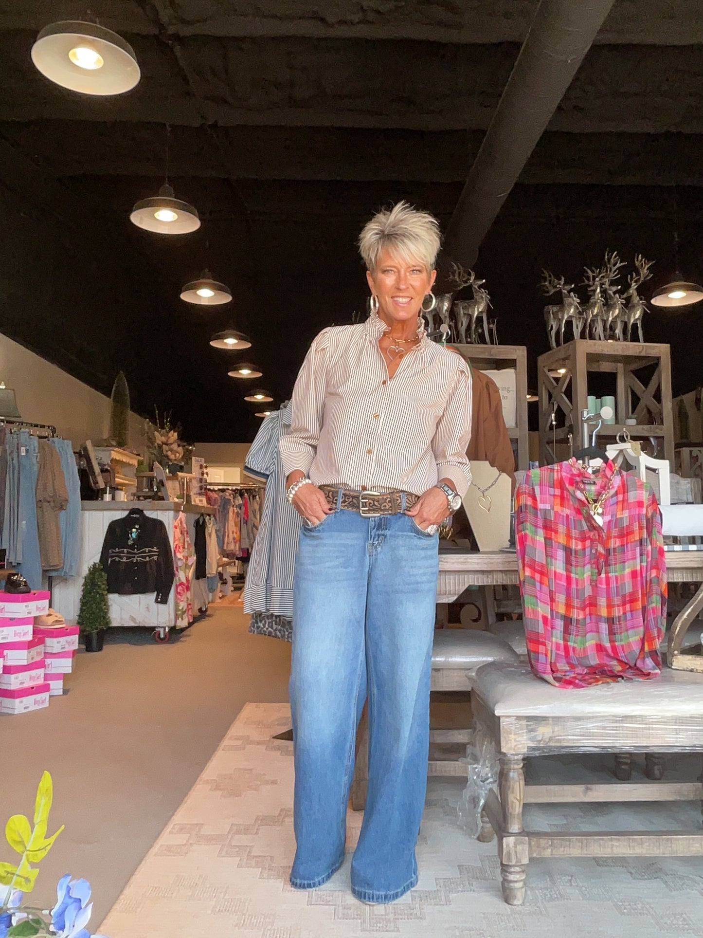 Mocha Striped Top with Three Quarter Sleeve