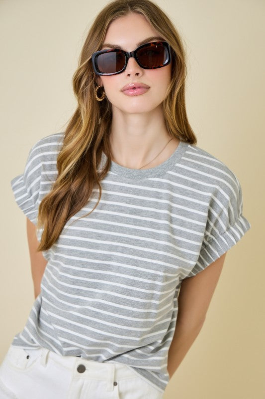 Striped Easy Knit T-Shirt Top w/ Elastic Sleeve Detail