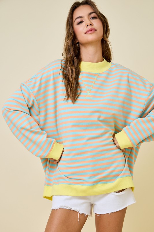 Mock Neck Striped Terry Sweatshirt