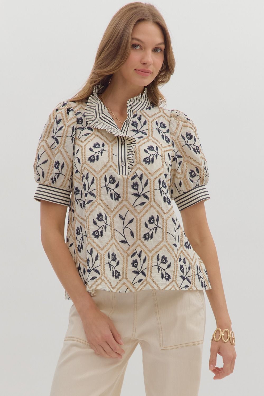Cream Top with Navy Embroidered Floral Pattern