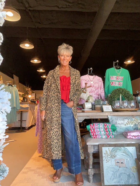 Leopard Denim Front Button Closure Knotched Lapel Color Duster Jacket Taupe Leopard