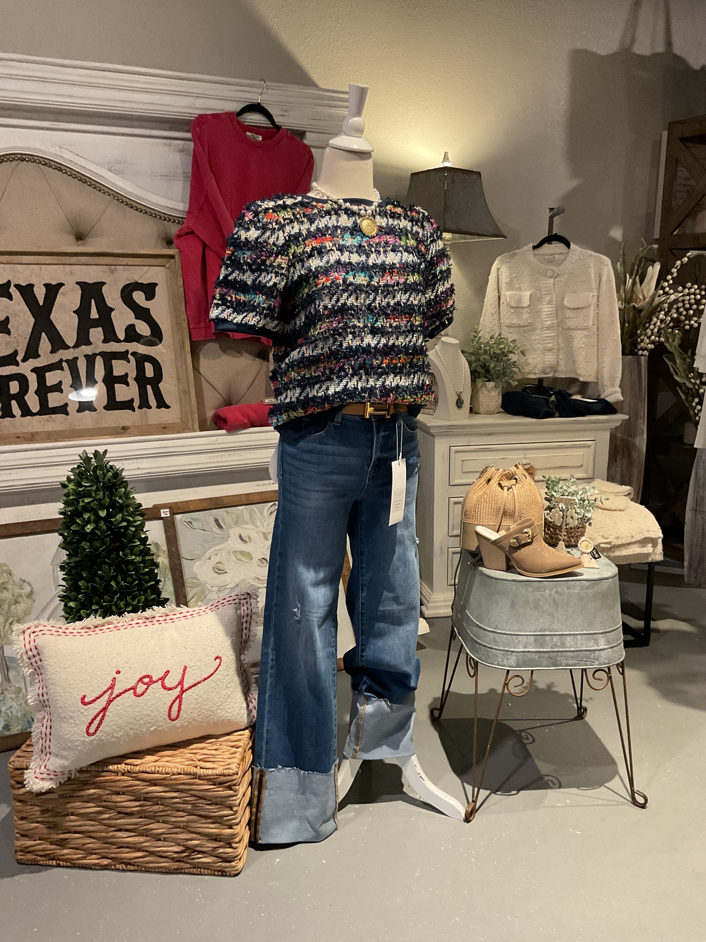 Navy Multi Lurex Tweed Rib Contrast Top