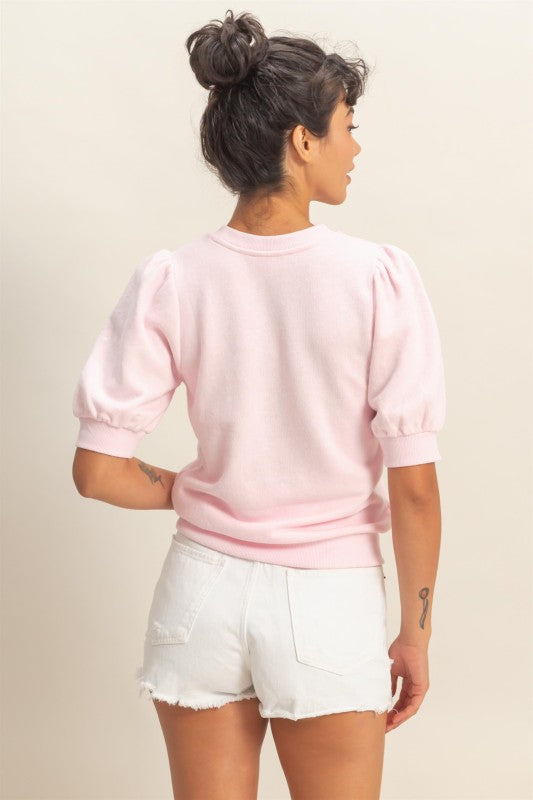 Puff Sleeve Crewneck Top in Soft Pink