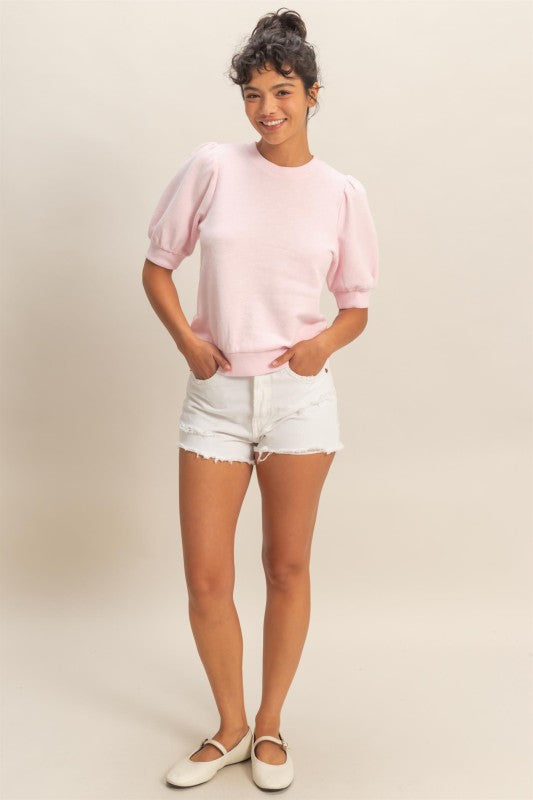 Puff Sleeve Crewneck Top in Soft Pink