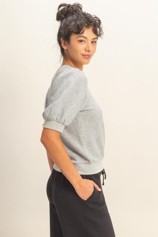 Puff Sleeve Crewneck Top in Heather Grey