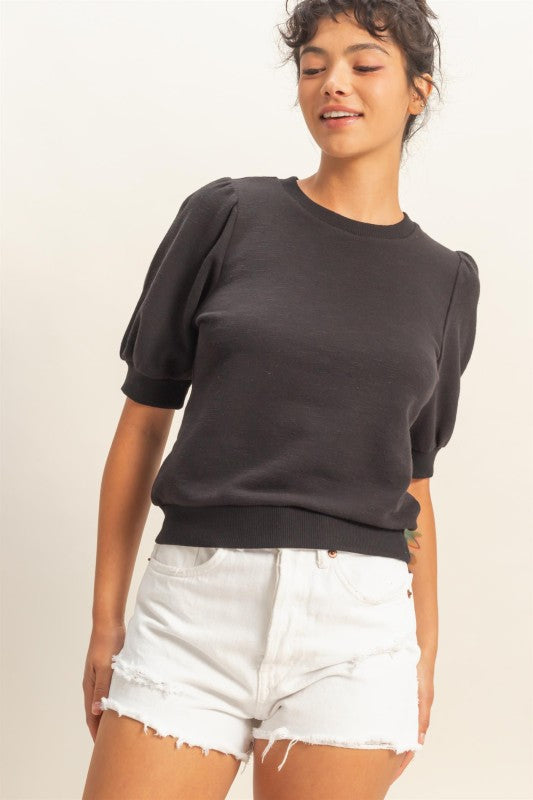 Puff Sleeve Crewneck Top in Black