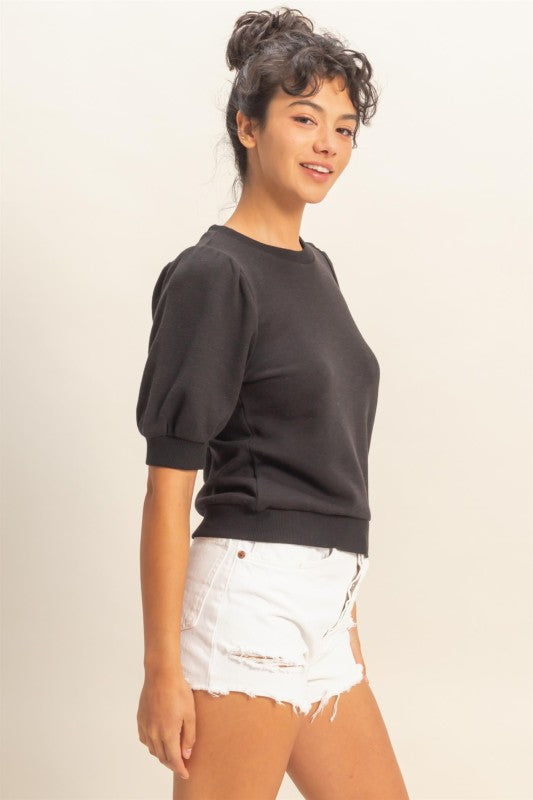 Puff Sleeve Crewneck Top in Black