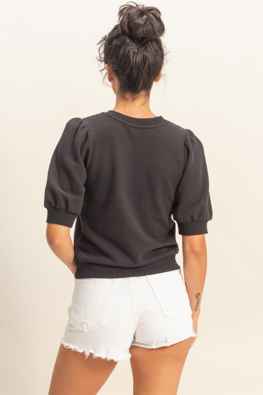 Puff Sleeve Crewneck Top in Black