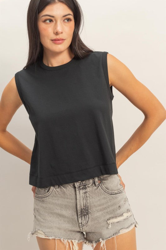 Sleeveless Top with Back Pleats in Black