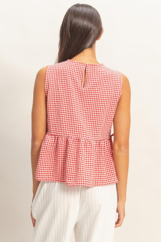 Gingham Peplum Top with Side Ties in Red