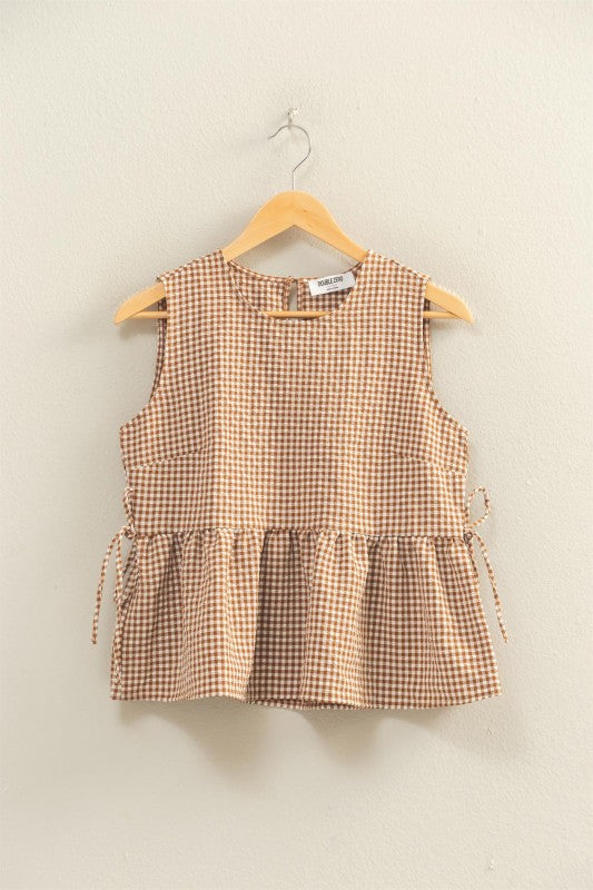 Gingham Peplum Top with Side Ties in Brown