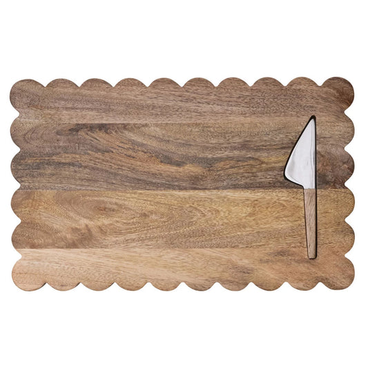 Mango wood scallop serving board w/knife 16x10