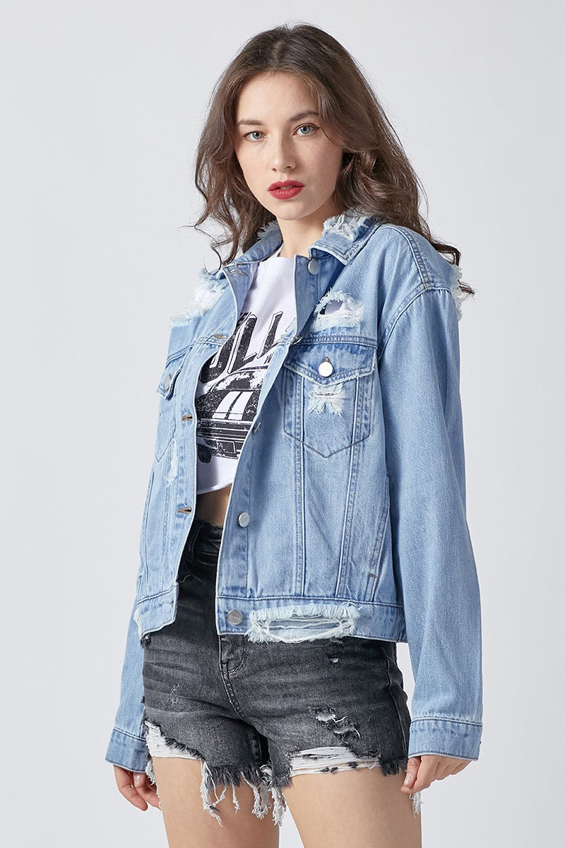 Lightweight Oversized Distressed Denim Jacket