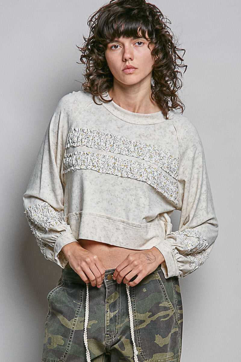 Oatmeal Round Neck Balloon Sleeve Print Patch Knit Top