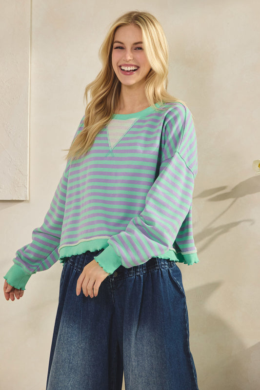 Mint/Purple Cropped Striped French Terry Top