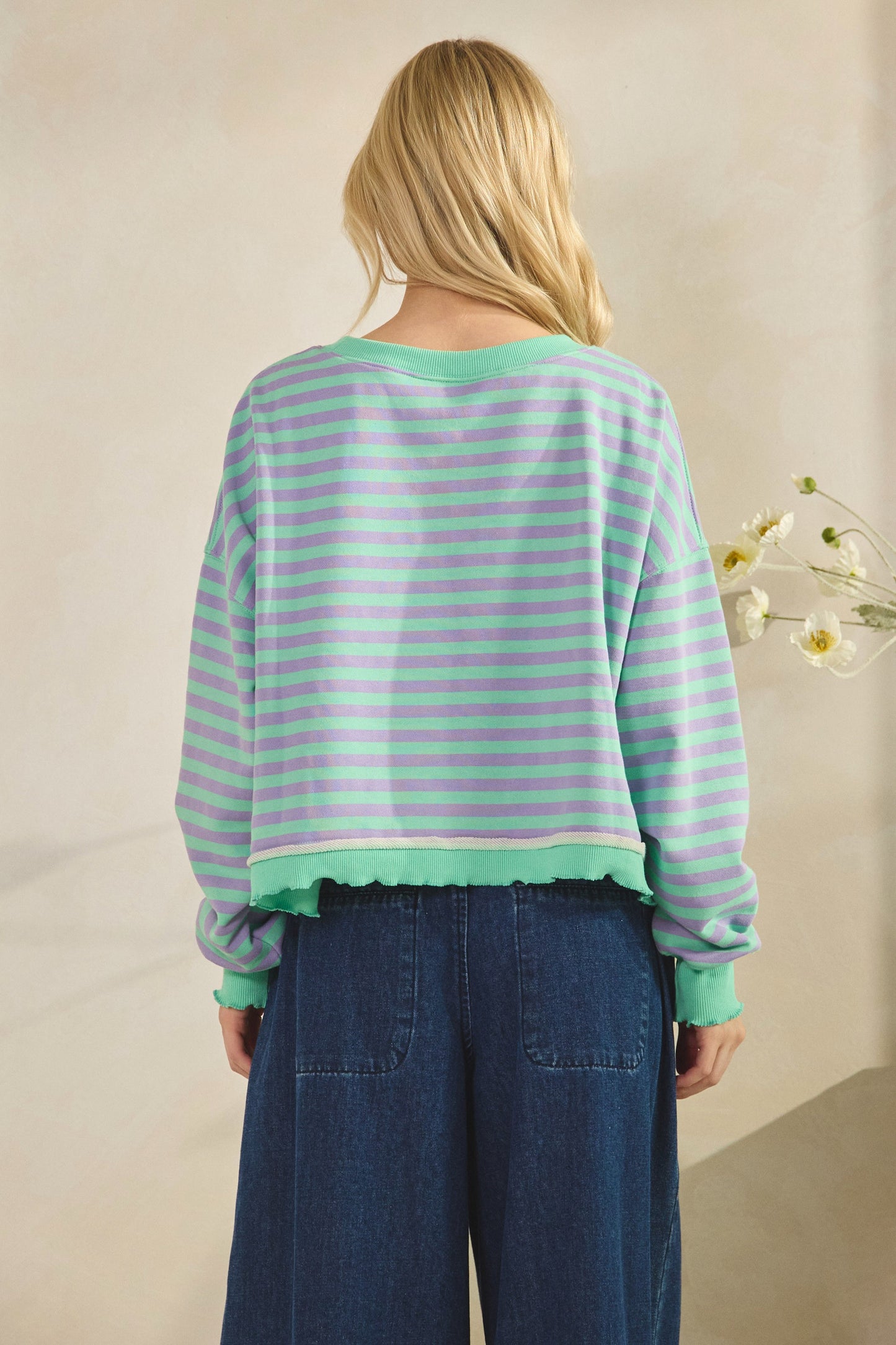 Mint/Purple Cropped Striped French Terry Top