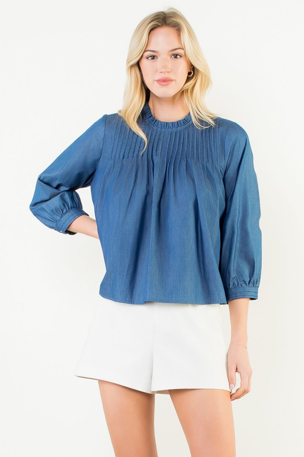 Long Sleeve Pintuck Flowy Denim Top