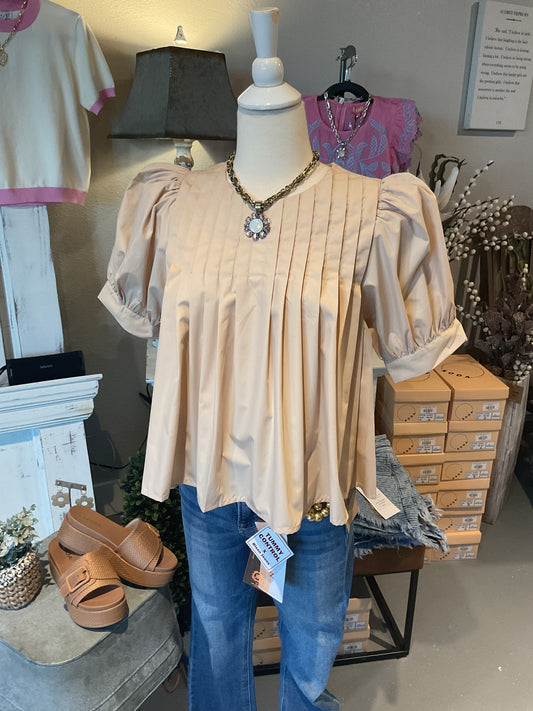 Ecru Short Sleeve Pin-tuck Top