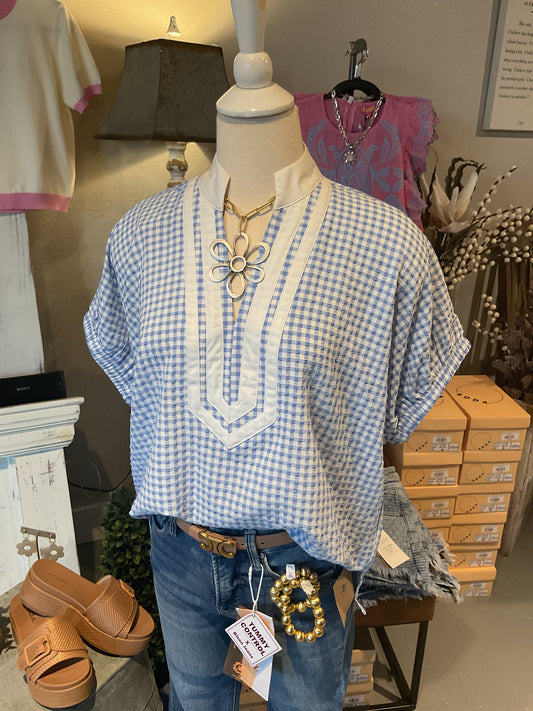 Blue V-neck Gingham Top