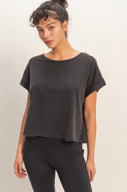Acid Washed Cross Detail Open Back Top Black