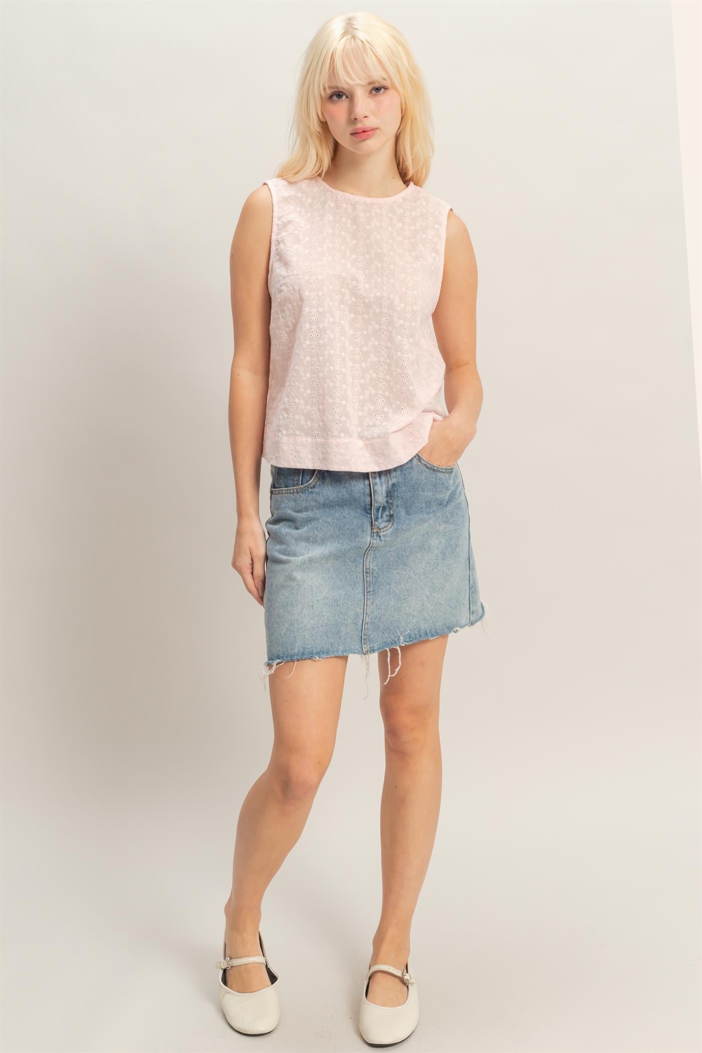 Eyelet Sleeveless Top With Back Buttons in Soft Pink