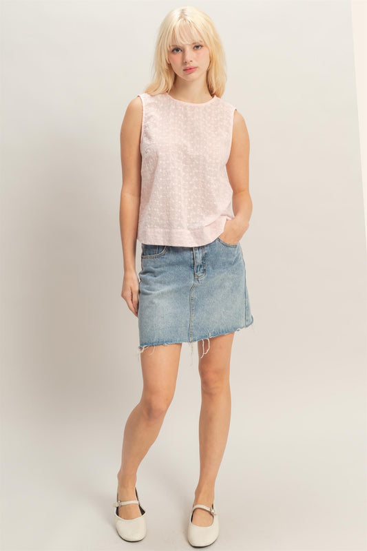 Eyelet Sleeveless Top With Back Buttons in Soft Pink