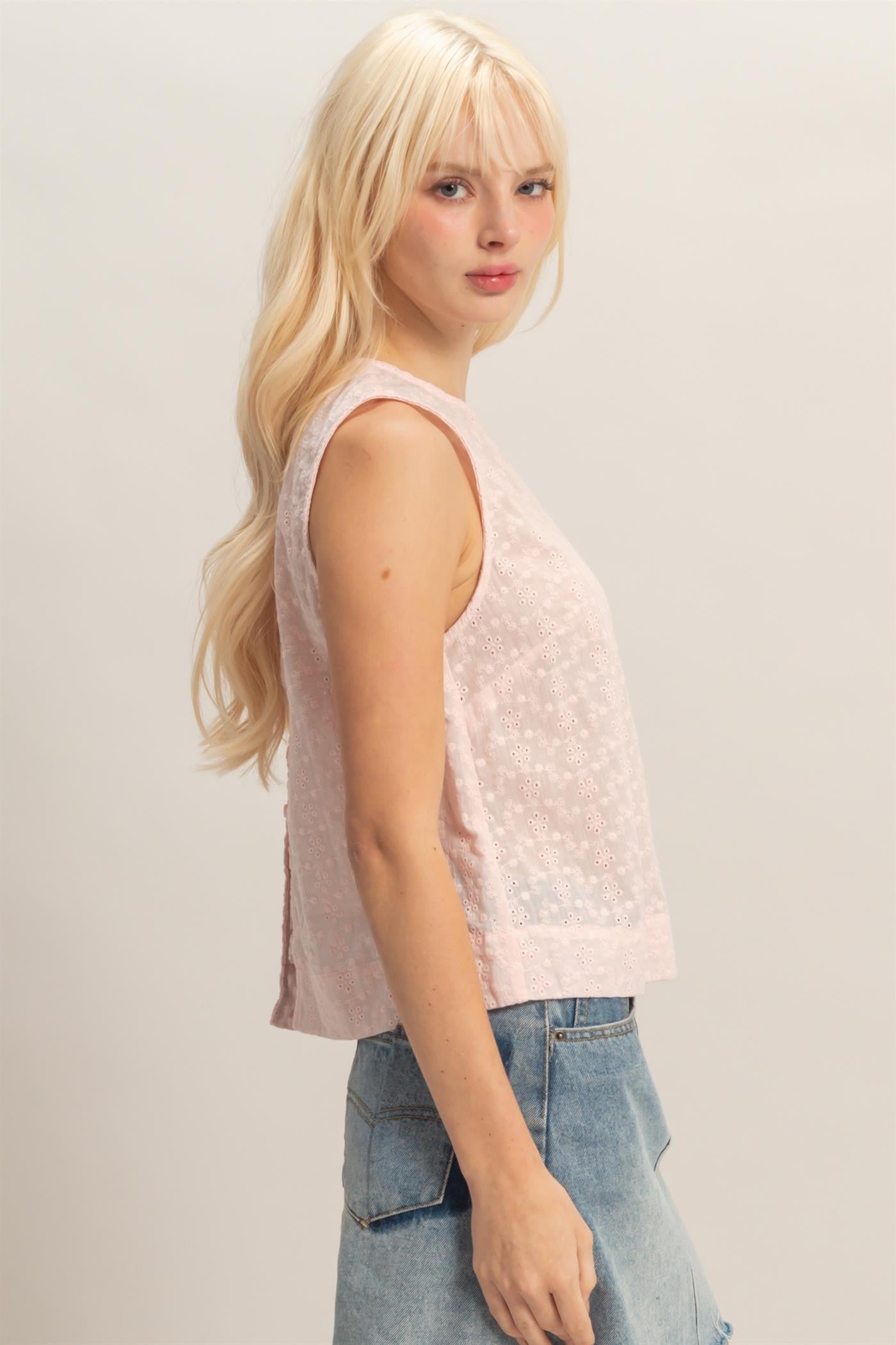 Eyelet Sleeveless Top With Back Buttons in Soft Pink