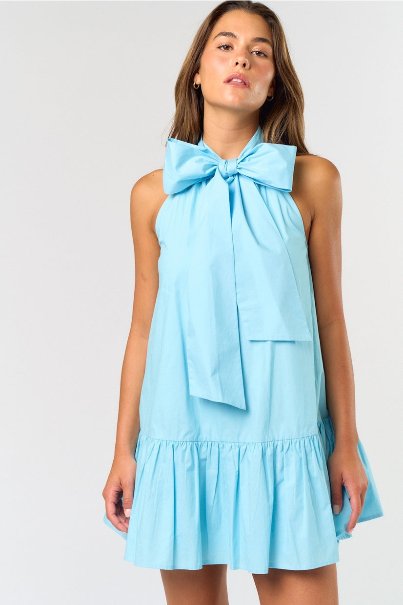 Front Ribbon High Neck Sleeveless Mini Dress