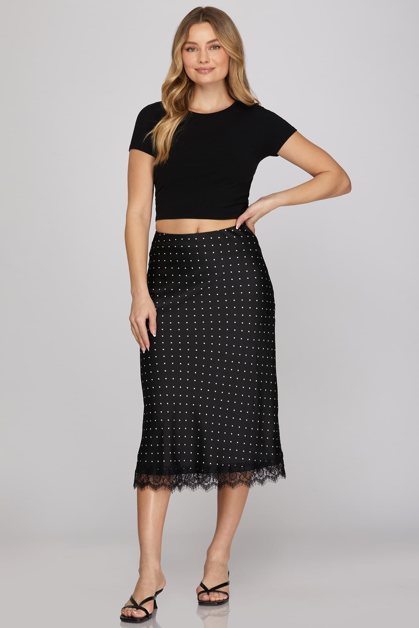 Lace Hem Polka Dot Midi Skirt Black