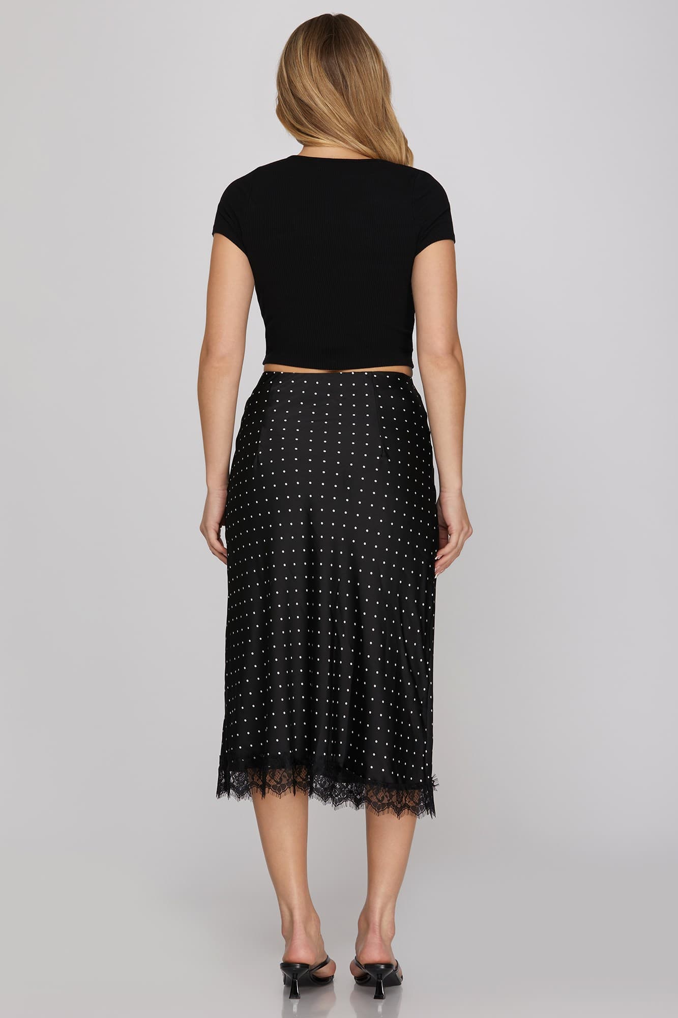 Lace Hem Polka Dot Midi Skirt Black