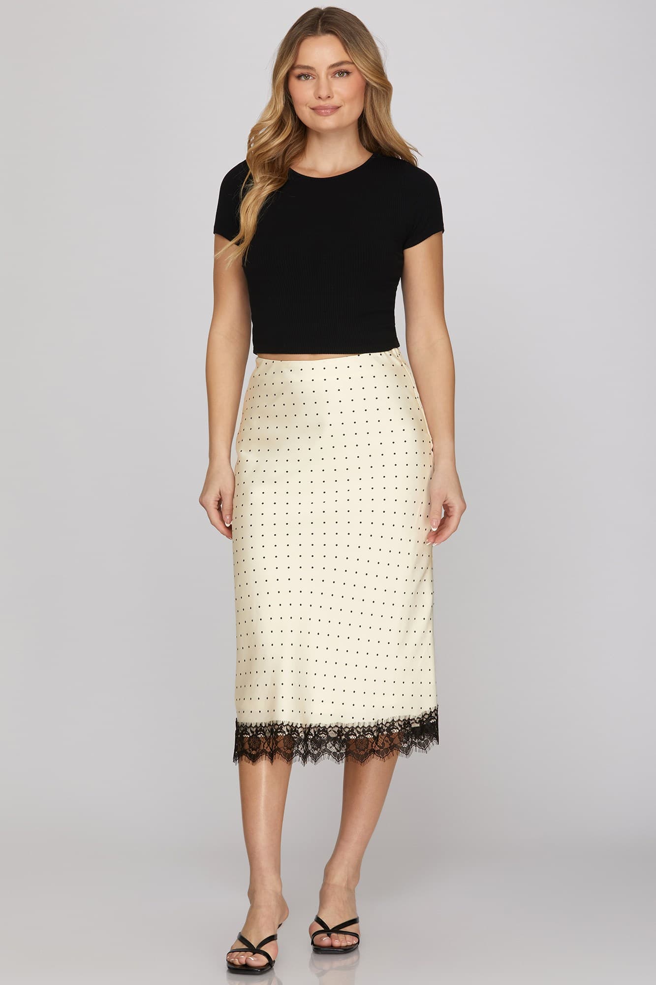 Lace Hem Polka Dot Midi Skirt in Cream