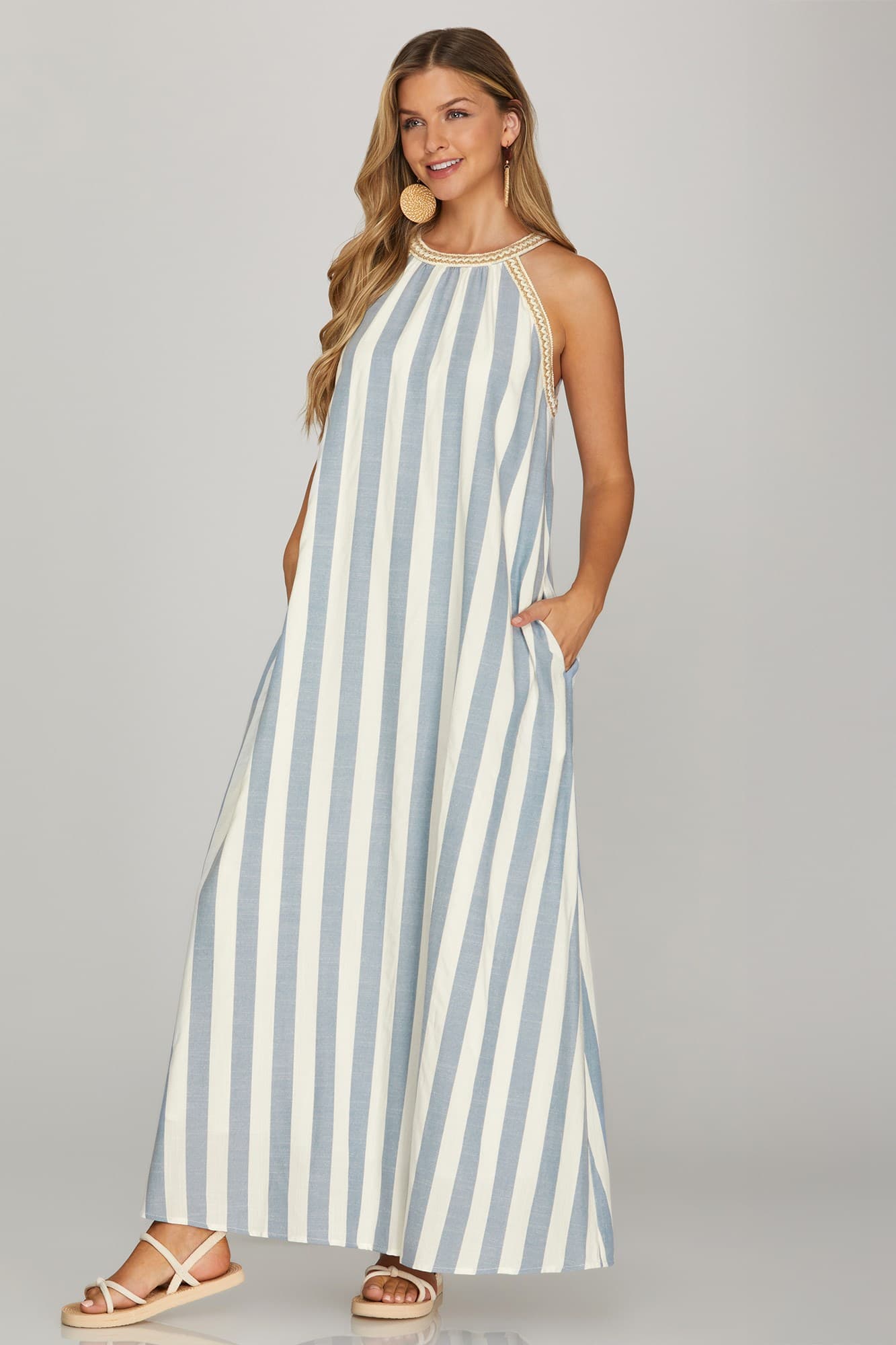 Halter Neck with Trim Striped Maxi Dress