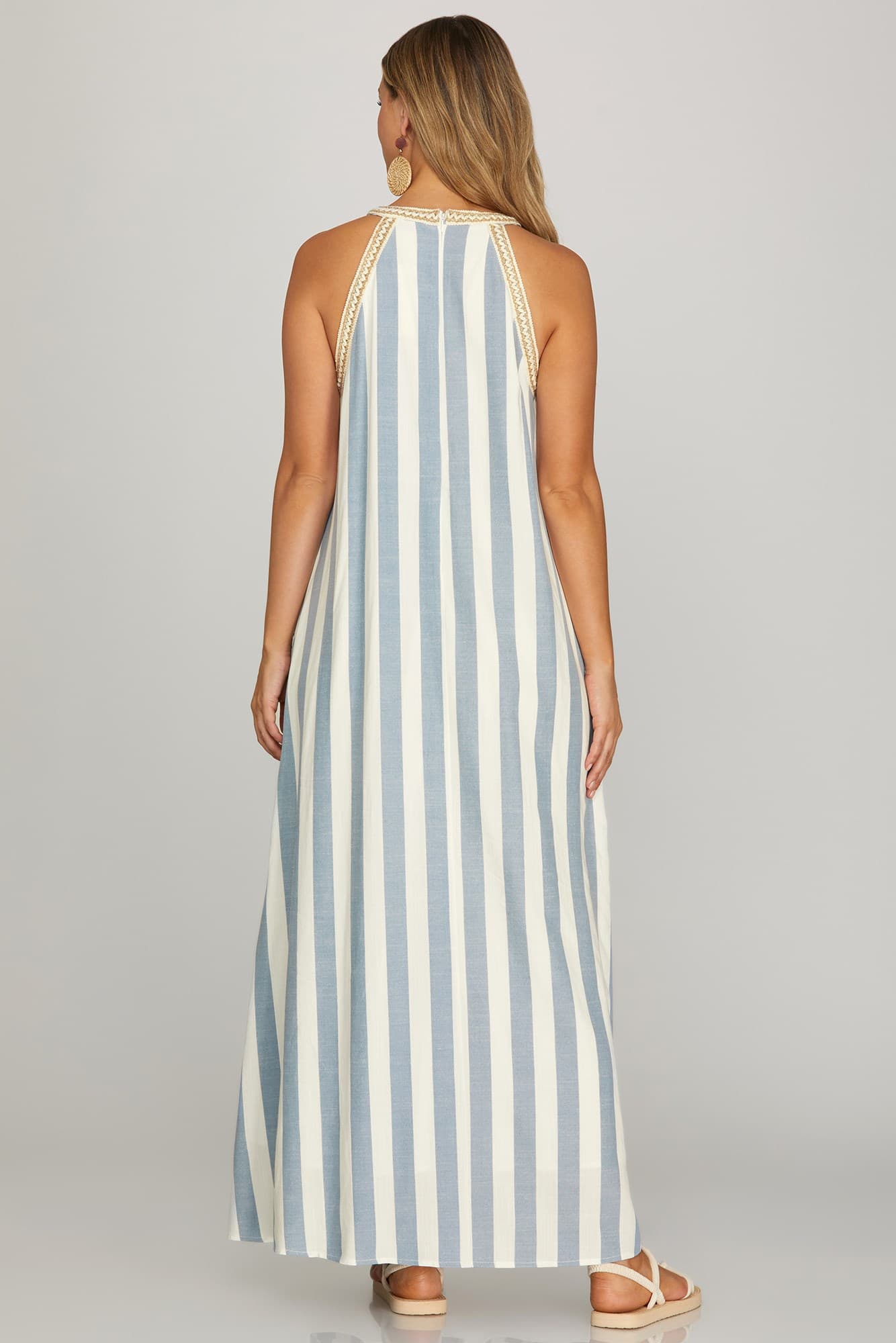 Halter Neck with Trim Striped Maxi Dress