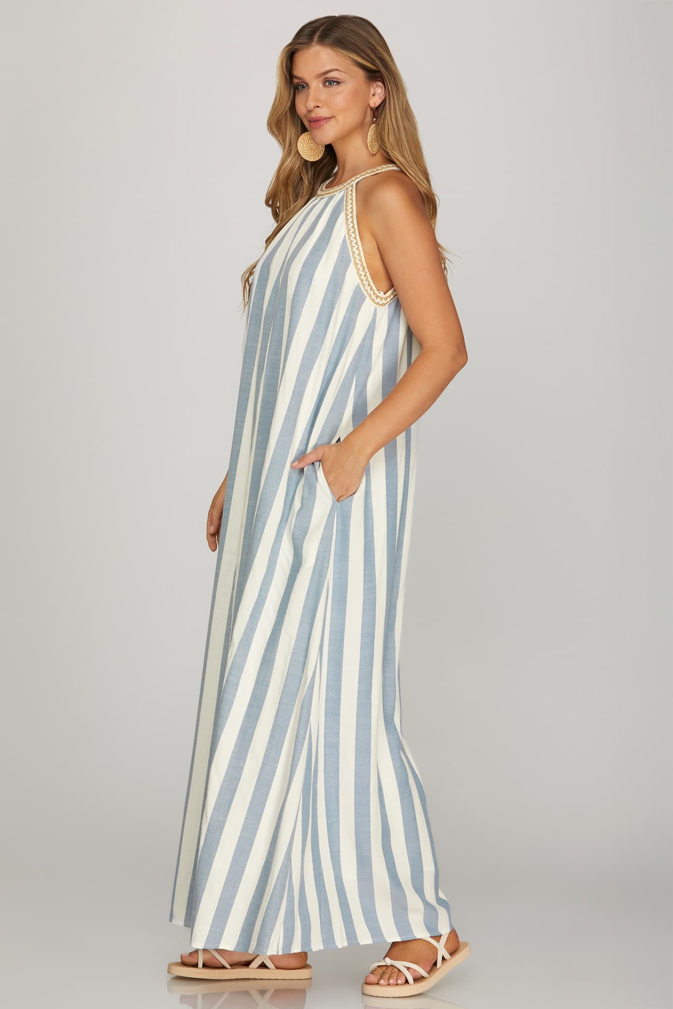 Halter Neck with Trim Striped Maxi Dress