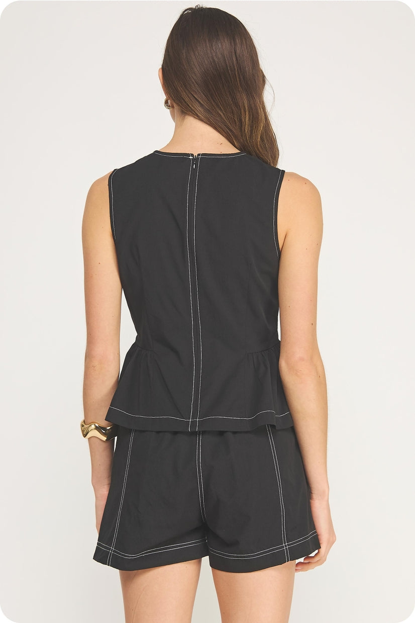 Top-Stitch Poplin Sleeveless Top in Black