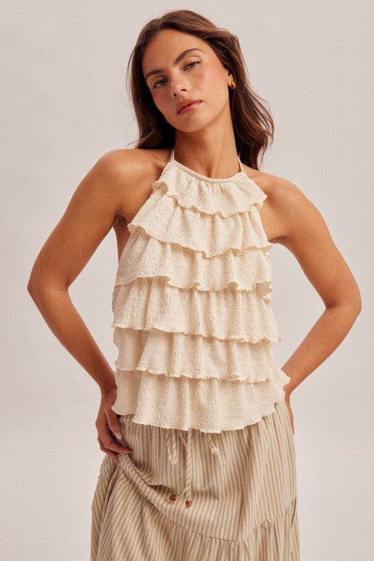 Textured Knit Ruffled Halter Top