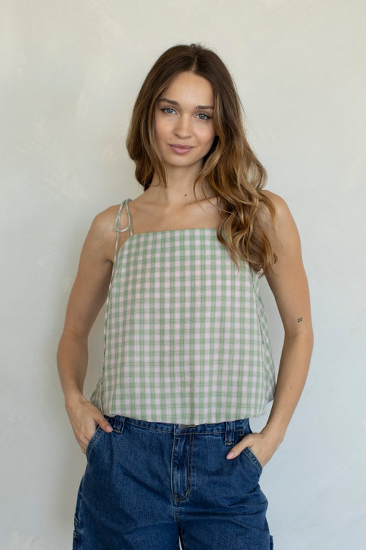 Pink/Green Bubble Hem Checkered Top