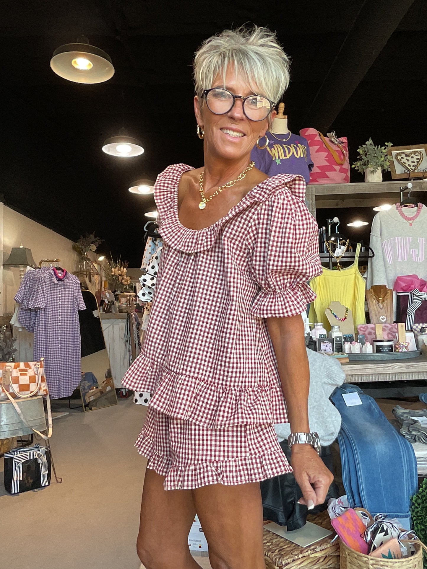 Burgundy-Cream Kora Frill Gingham Shorts