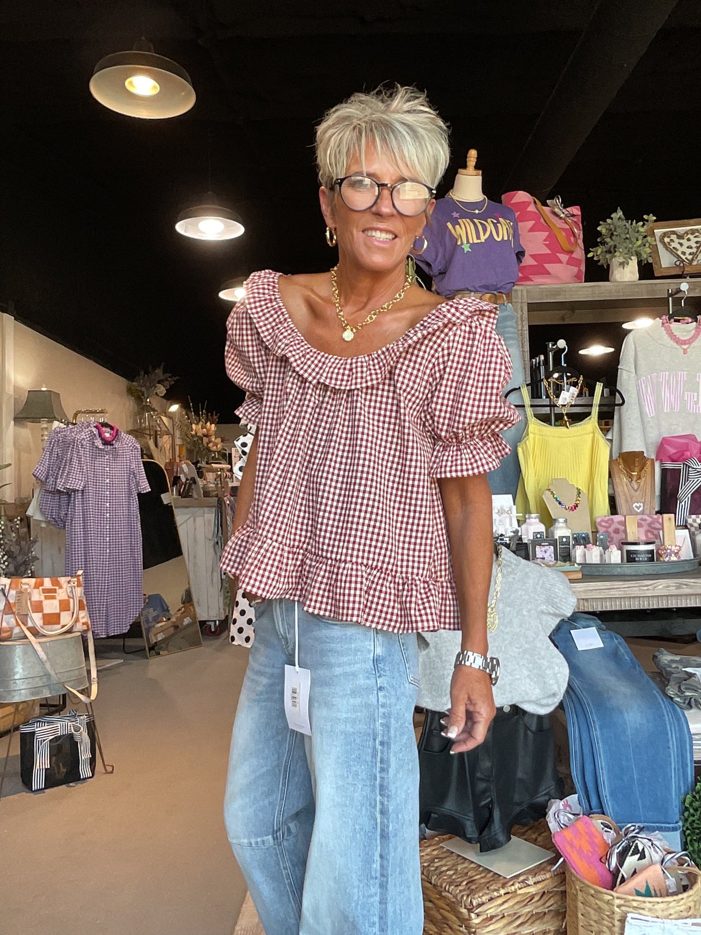 Burgundy-Cream Kora Frill Gingham Top