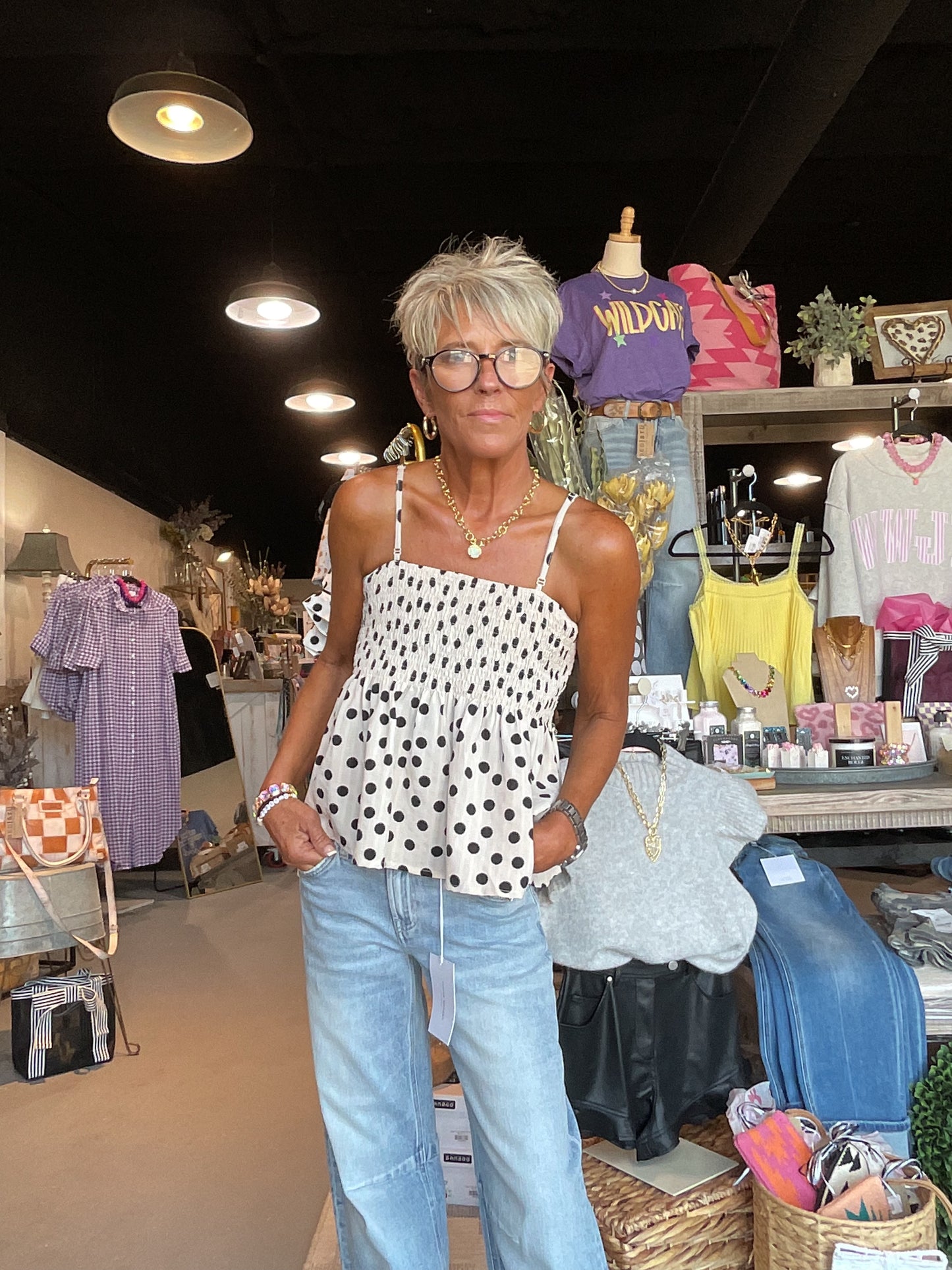 Cream/Black Polka Dot Print Smocked Cami Tank Top