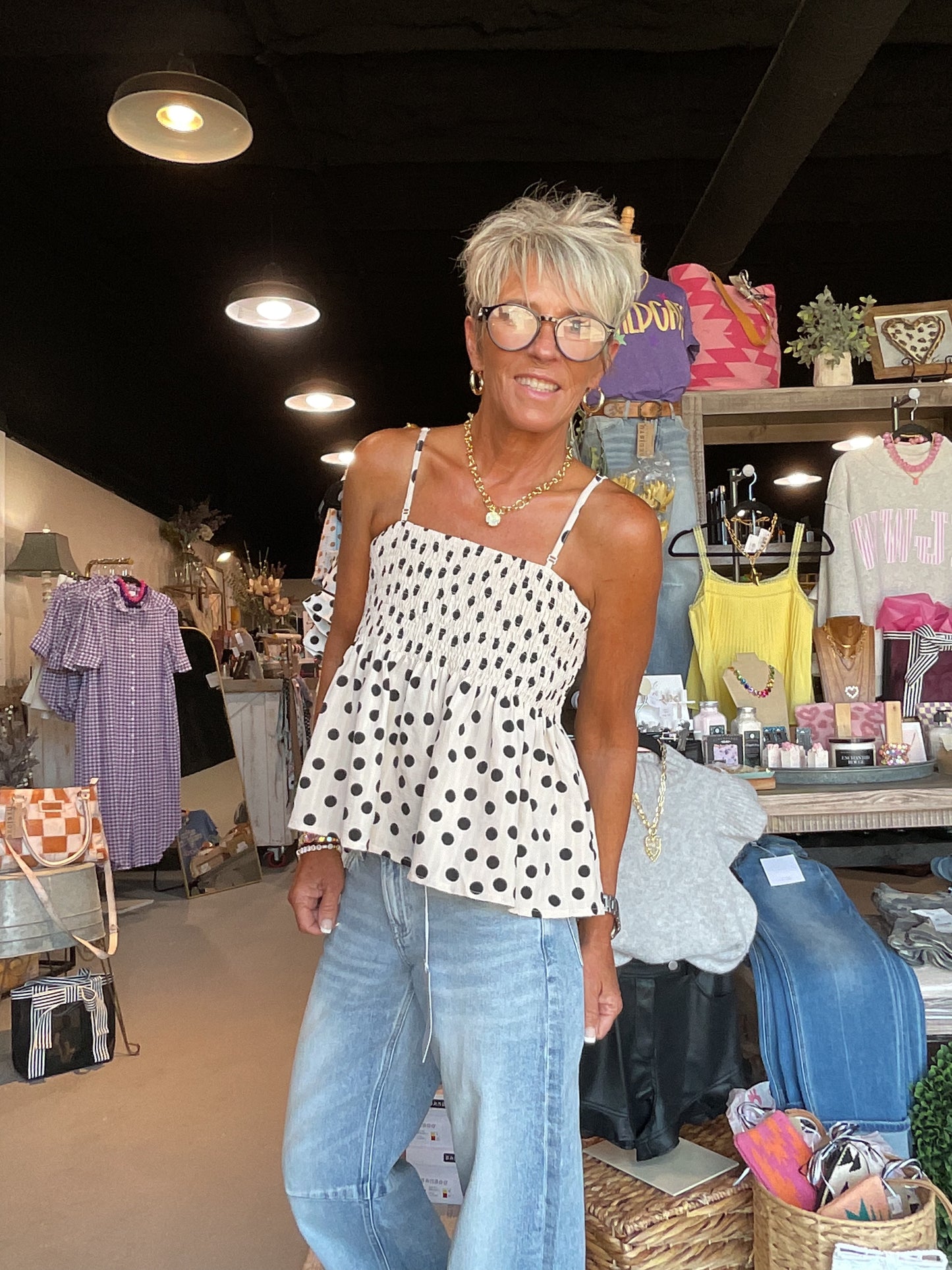 Cream/Black Polka Dot Print Smocked Cami Tank Top